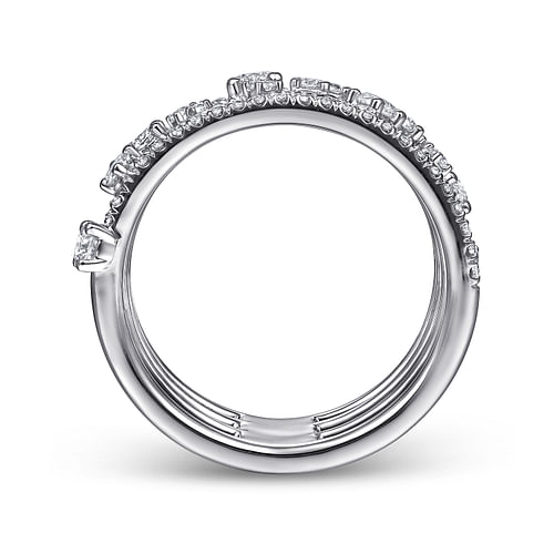 14K White Gold Five Row Pavé Ring with Cluster Diamond Accent