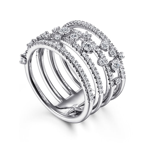 14K White Gold Five Row Pavé Ring with Cluster Diamond Accent