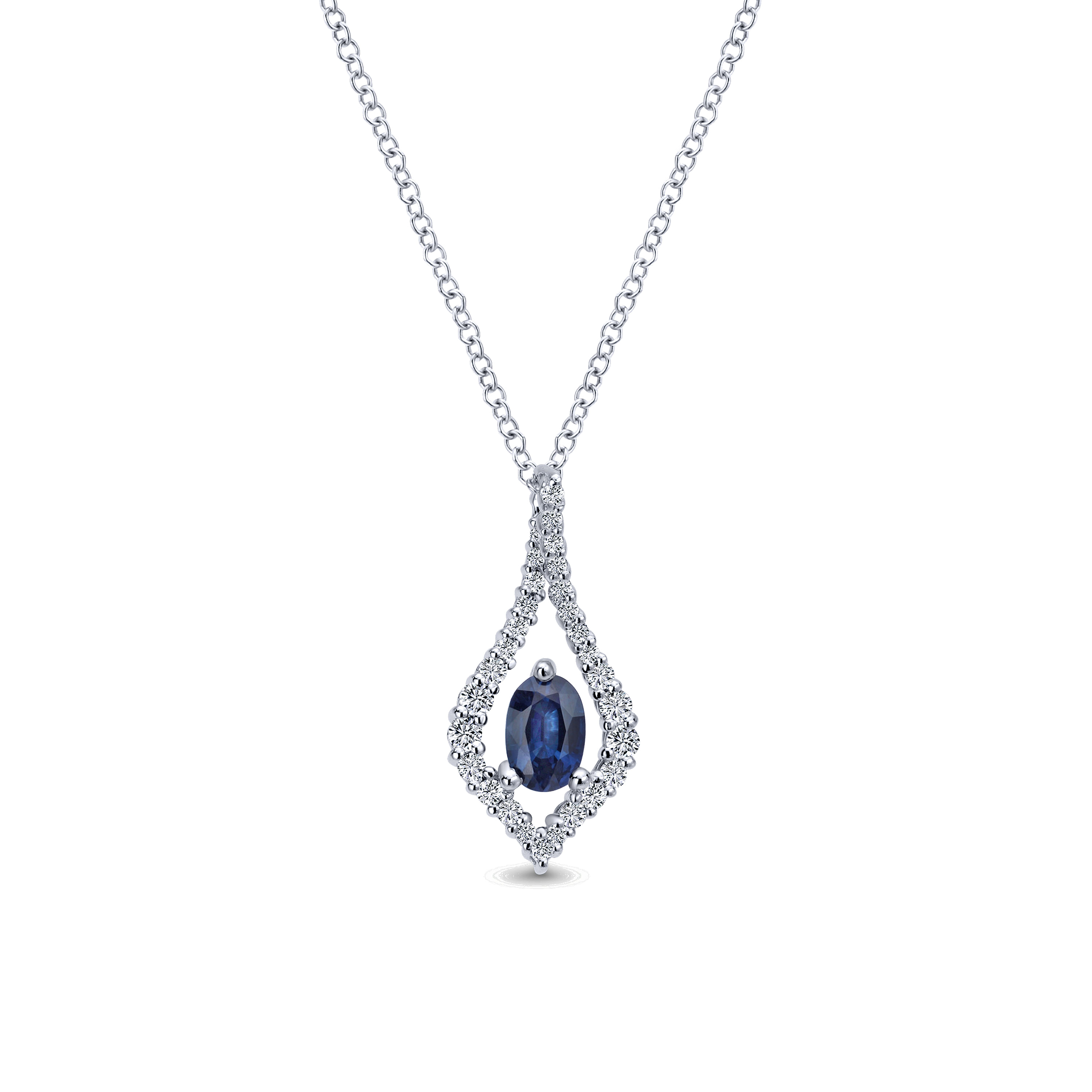14K White Gold Floating Oval Sapphire Diamond Pendant Necklace