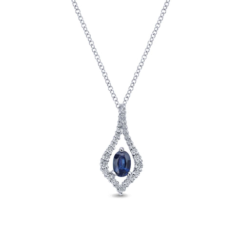 14K White Gold Floating Oval Sapphire Diamond Teardrop Pendant Necklace