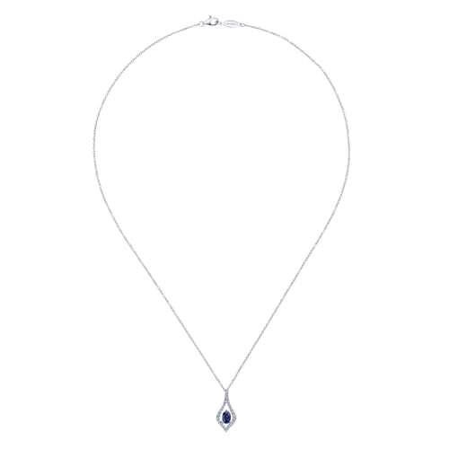 14K White Gold Floating Oval Sapphire Diamond Teardrop Pendant Necklace