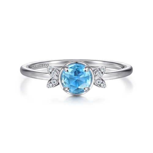 14K White Gold Floral Blue Topaz Diamond Promise Ring