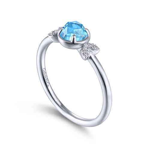 14K White Gold Floral Blue Topaz Diamond Promise Ring