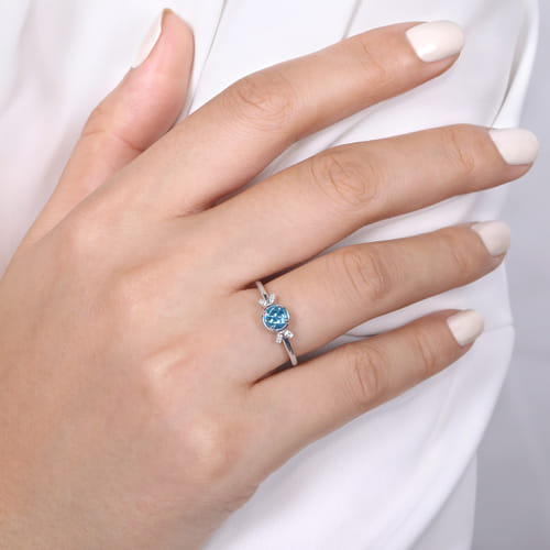 14K White Gold Floral Blue Topaz Diamond Promise Ring