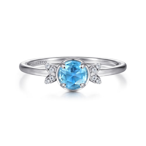 14K White Gold Floral Blue Topaz Diamond Ring