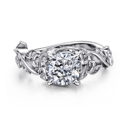 14K White Gold Floral Cushion Cut Diamond Engagement Ring