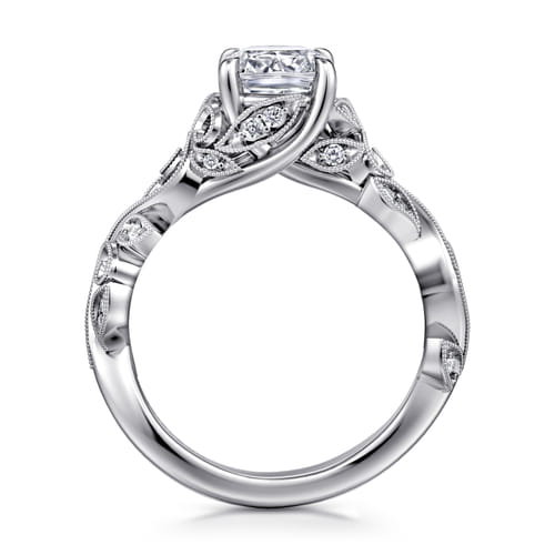 14K White Gold Floral Cushion Cut Diamond Engagement Ring
