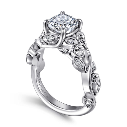 14K White Gold Floral Cushion Cut Diamond Engagement Ring