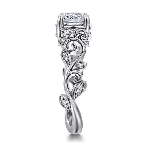 14K White Gold Floral Cushion Cut Diamond Engagement Ring