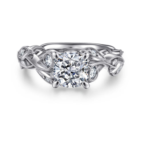 14K White Gold Floral Cushion Cut Diamond Engagement Ring