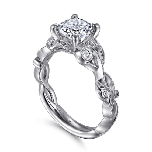 14K White Gold Floral Cushion Cut Diamond Engagement Ring