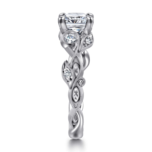 14K White Gold Floral Cushion Cut Diamond Engagement Ring