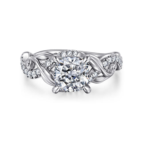 14K White Gold Floral Cushion Cut Diamond Engagement Ring