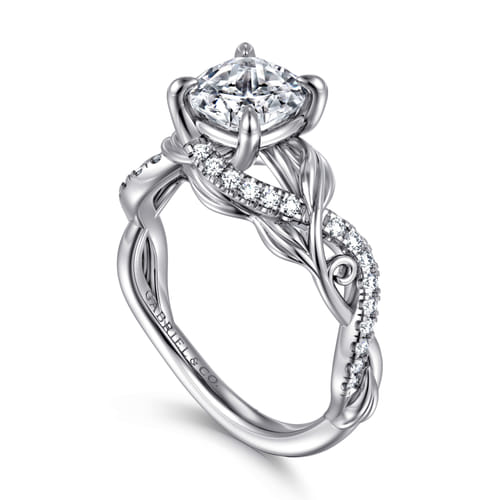 14K White Gold Floral Cushion Cut Diamond Engagement Ring