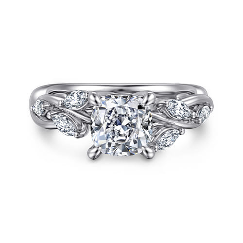 14K White Gold Floral Cushion Cut Diamond Engagement Ring