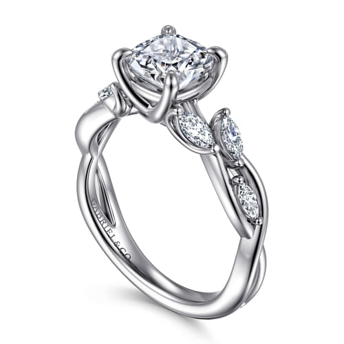 14K White Gold Floral Cushion Cut Diamond Engagement Ring