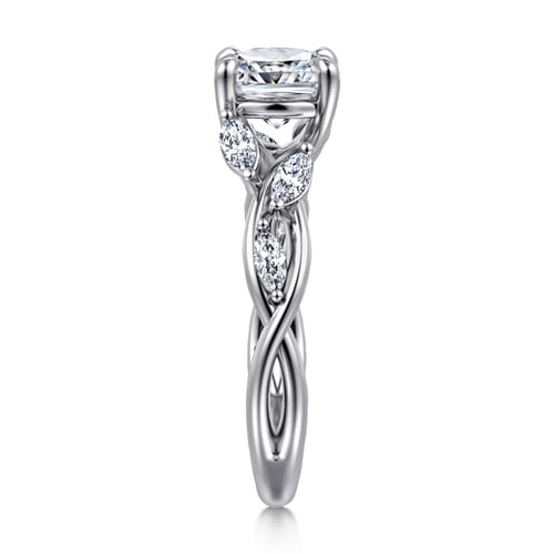 14K White Gold Floral Cushion Cut Diamond Engagement Ring