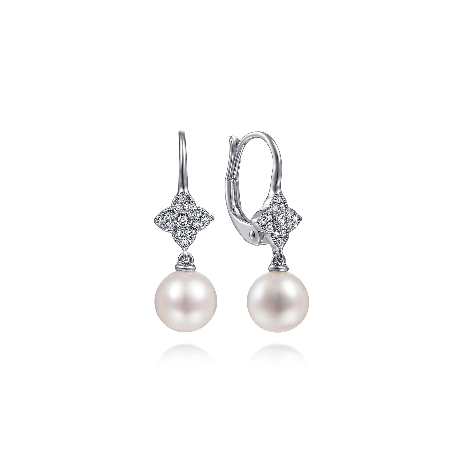 Gabriel - 14K White Gold Floral Diamond Pearl Drop Earrings