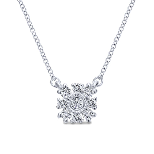 14K White Gold Floral Diamond Pendant Necklace
