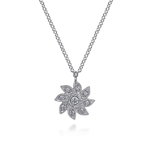 14K White Gold Floral Diamond Pendant Necklace