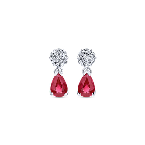 14K White Gold Floral Diamond Stud Earrings with Pear Shaped Ruby Drops