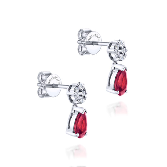 14K White Gold Floral Diamond Stud Earrings with Pear Shaped Ruby Drops angle 2