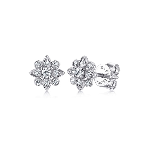 14K White Gold Floral Diamond Stud Earrings