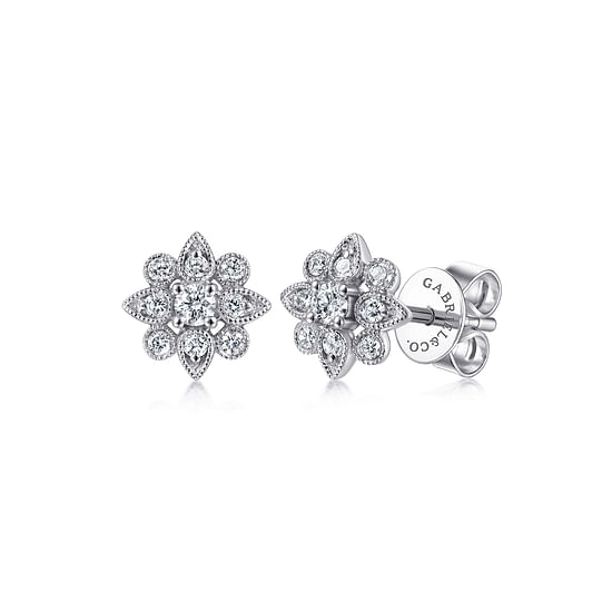 Gabriel - 14K White Gold Floral Diamond Stud Earrings