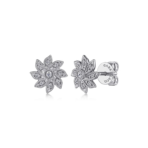 14K White Gold Floral Diamond Stud Earrings