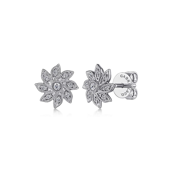 Gabriel - 14K White Gold Floral Diamond Stud Earrings