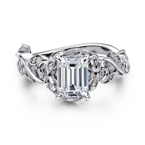 14K White Gold Floral Emerald Cut Diamond Engagement Ring