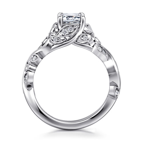 14K White Gold Floral Emerald Cut Diamond Engagement Ring