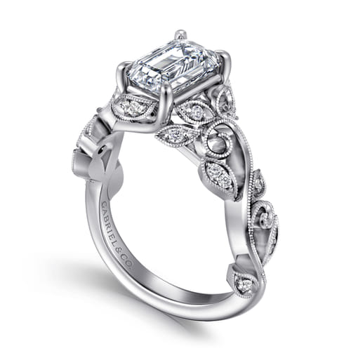 14K White Gold Floral Emerald Cut Diamond Engagement Ring
