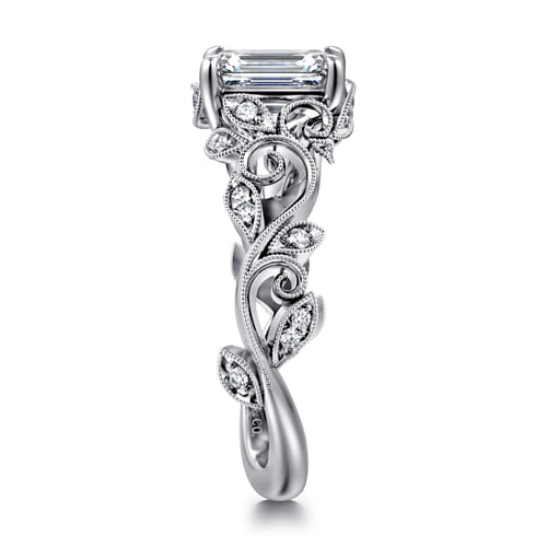 14K White Gold Floral Emerald Cut Diamond Engagement Ring