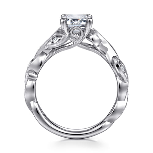 14K White Gold Floral Emerald Cut Diamond Engagement Ring