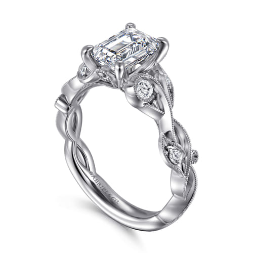 14K White Gold Floral Emerald Cut Diamond Engagement Ring