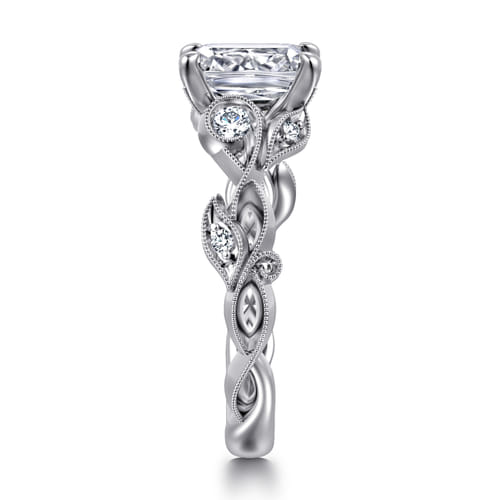 14K White Gold Floral Emerald Cut Diamond Engagement Ring