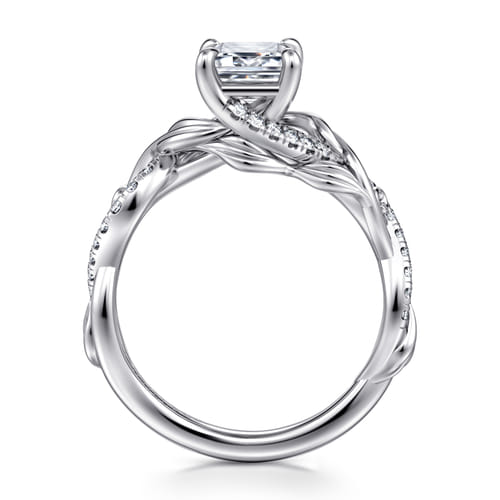 14K White Gold Floral Emerald Cut Diamond Engagement Ring