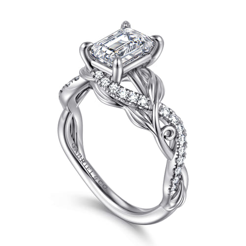 14K White Gold Floral Emerald Cut Diamond Engagement Ring