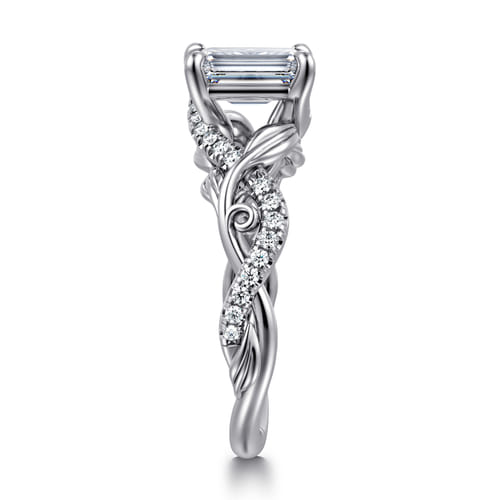 14K White Gold Floral Emerald Cut Diamond Engagement Ring
