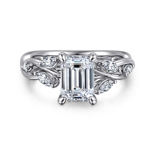 14K White Gold Floral Emerald Cut Diamond Engagement Ring