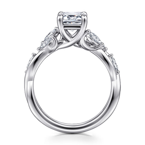 14K White Gold Floral Emerald Cut Diamond Engagement Ring