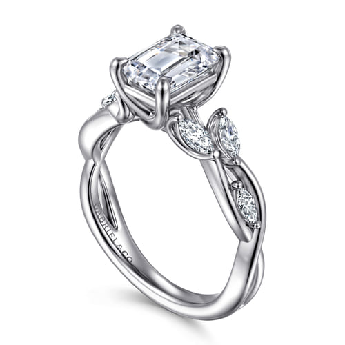 14K White Gold Floral Emerald Cut Diamond Engagement Ring