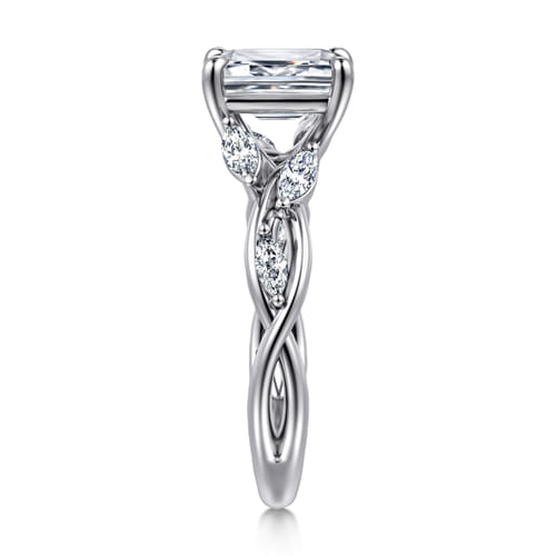 14K White Gold Floral Emerald Cut Diamond Engagement Ring