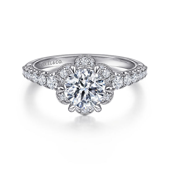 Gabriel - 14K White Gold Floral Halo Round Diamond Engagement Ring