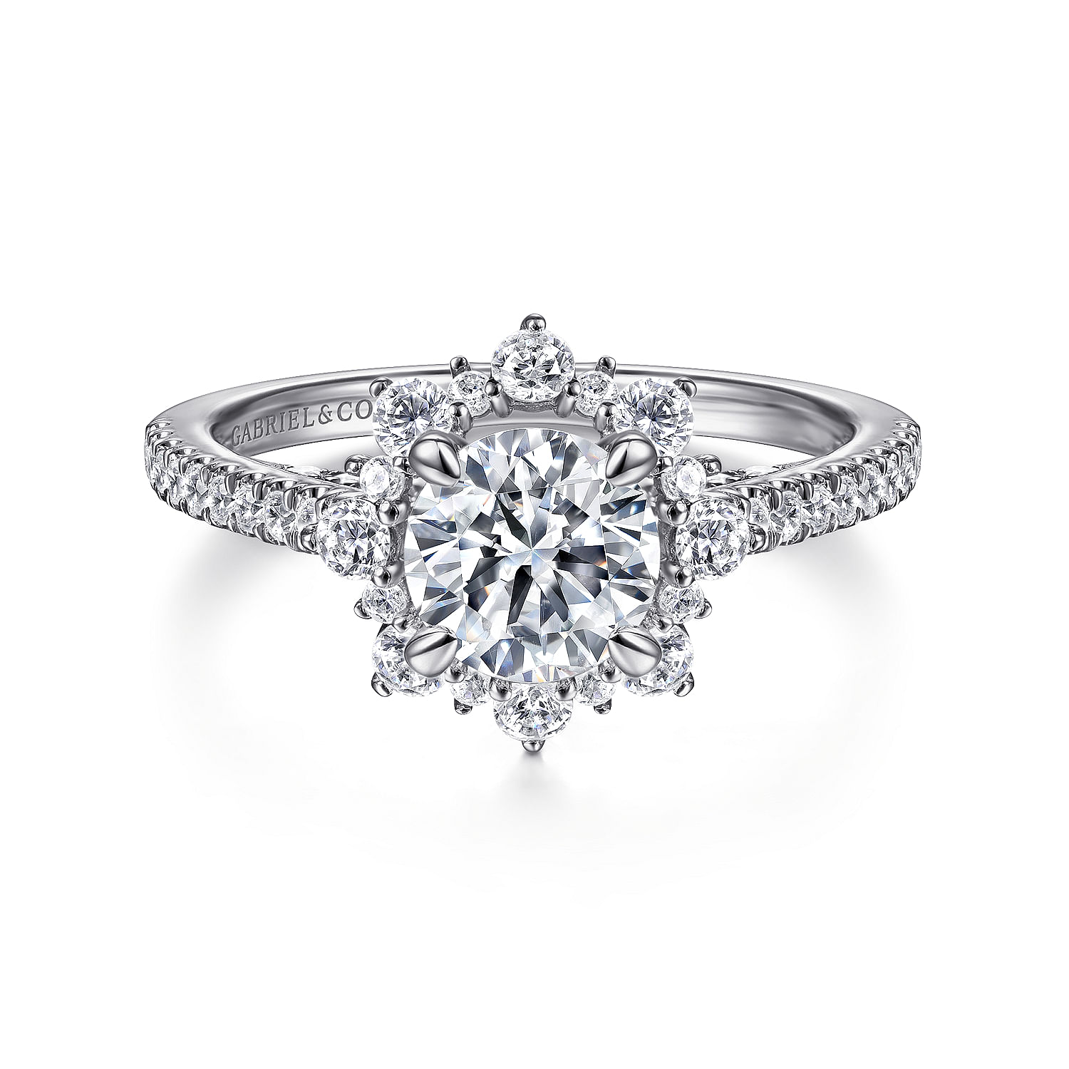 Gabriel - 14K White Gold Floral Halo Round Diamond Engagement Ring