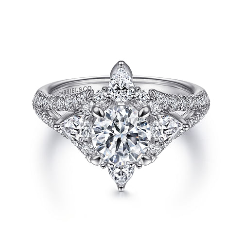 14K White Gold Floral Halo Round Diamond Engagement Ring