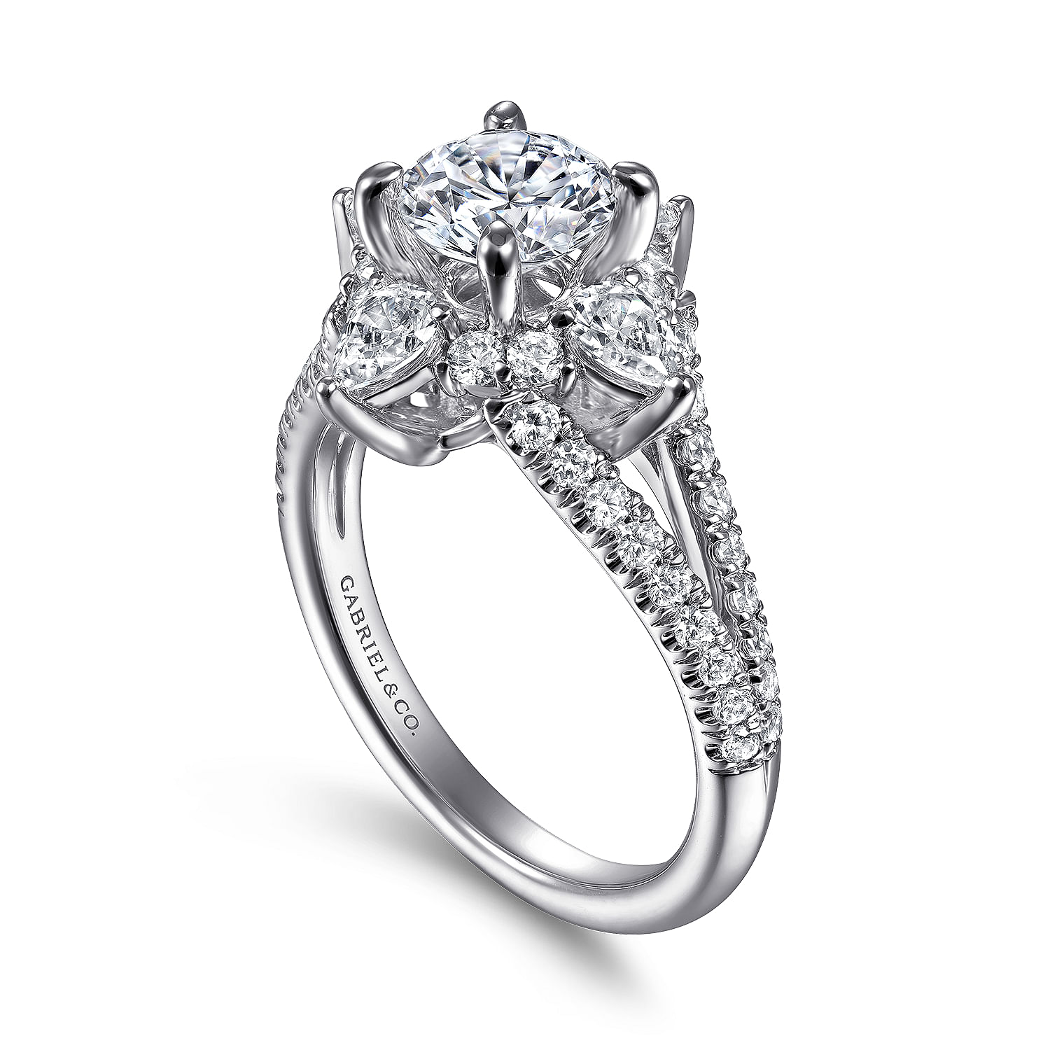 14K White Gold Floral Halo Round Diamond Engagement Ring