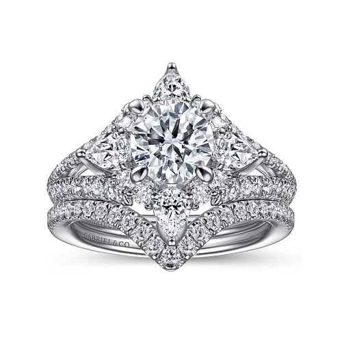 14K White Gold Floral Halo Round Diamond Engagement Ring