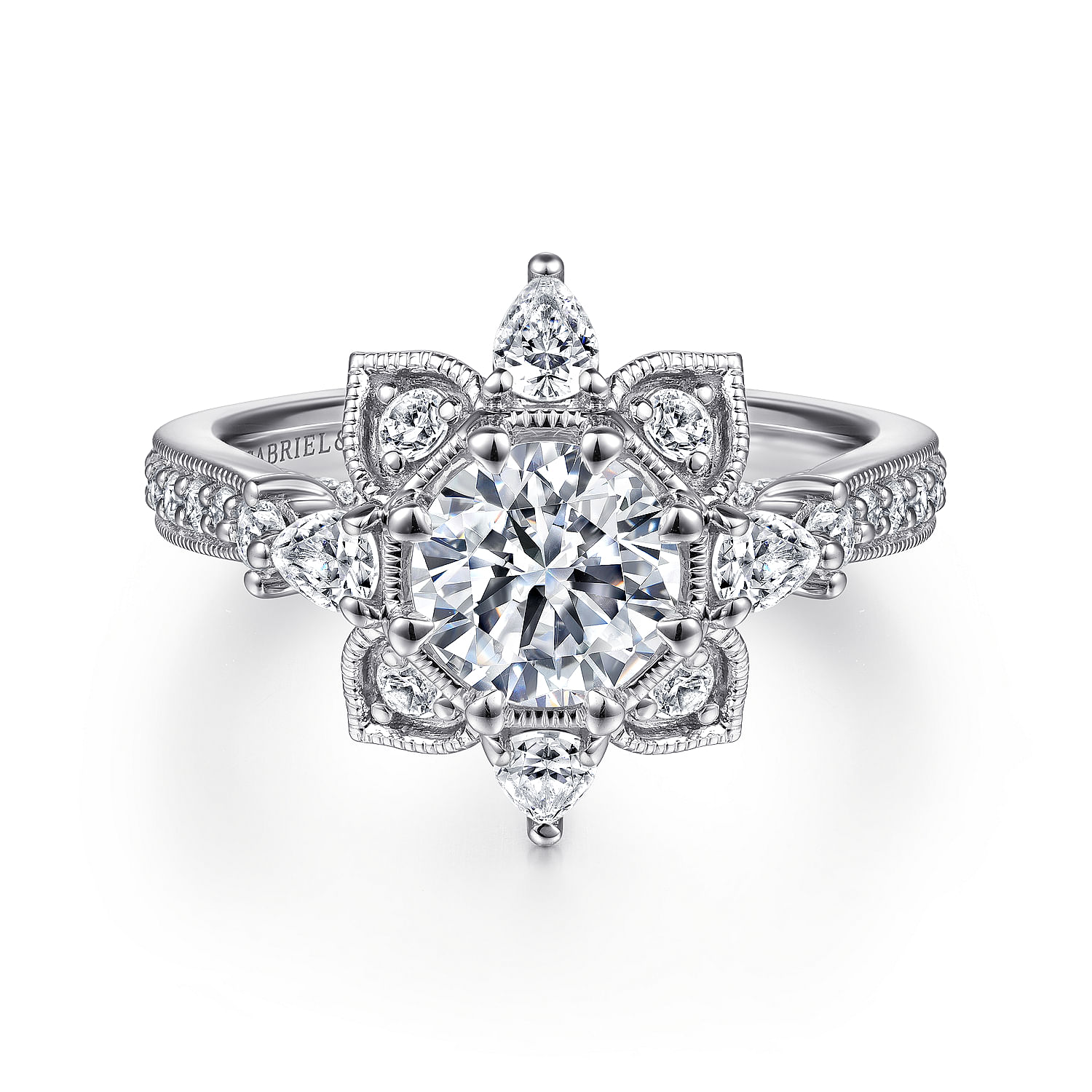 14K White Gold Floral Halo Round Diamond Engagement Ring